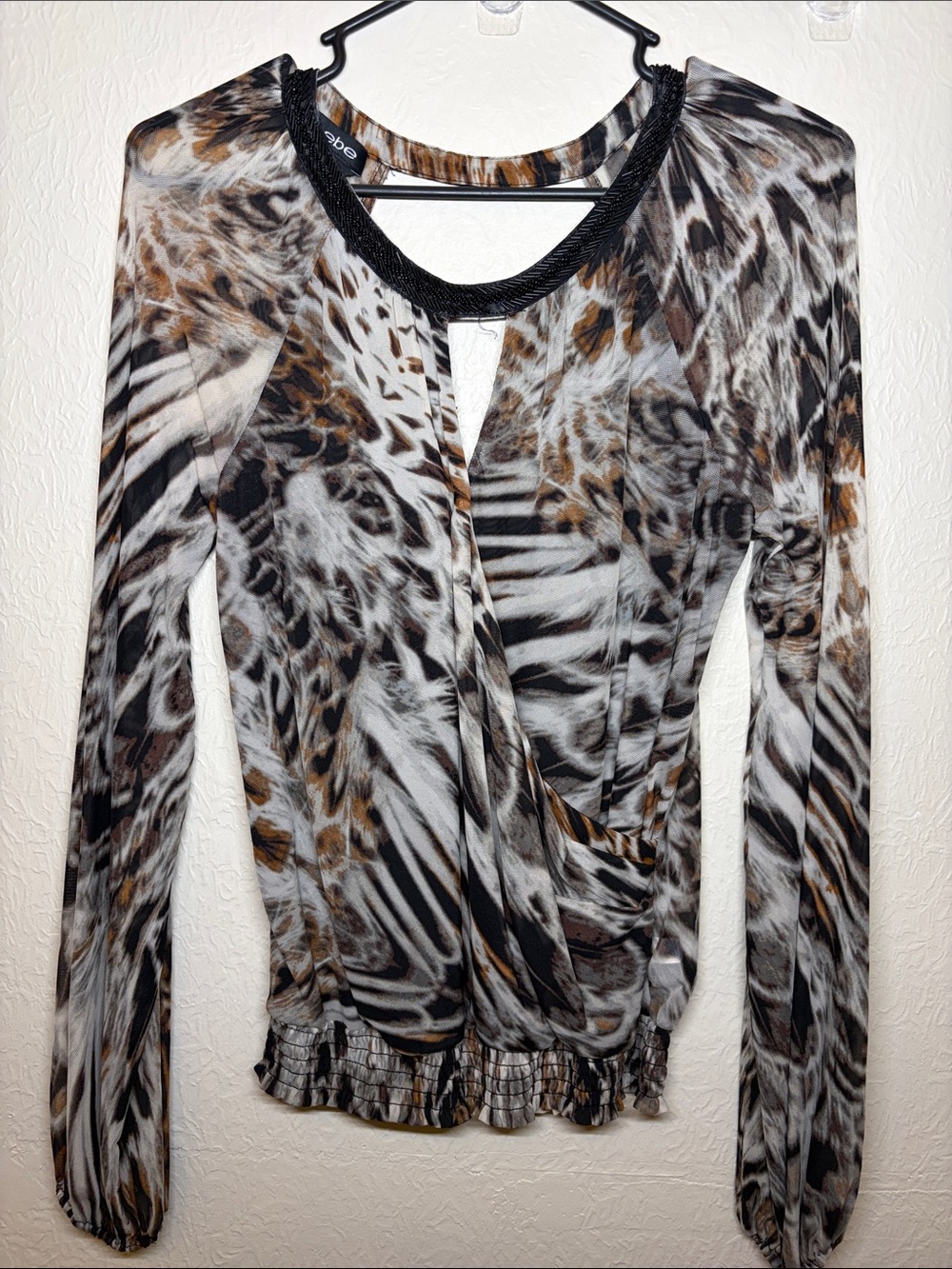 Animal Print Long-Sleeve Surplice Top with Beaded Neckline